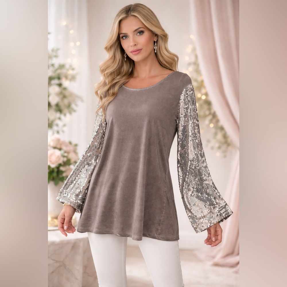 INC International Concepts Gray Sequin Sleeve Tunic